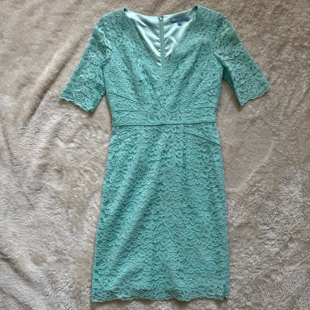 Antonio Melani Womens Dress Teal Lace Overlay Floral Short Sleeve Sheath Sz 2